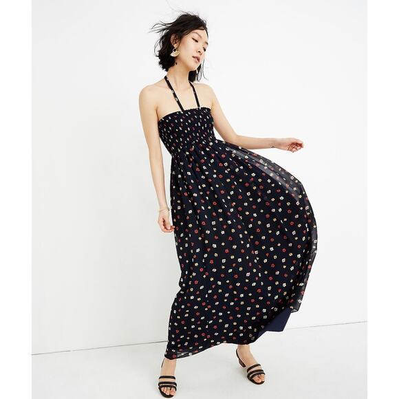 Madewell Navy Blue Floral Halter Smocked Maxi Dress Kimono Floral Deep Indigo XS - Picture 1 of 6